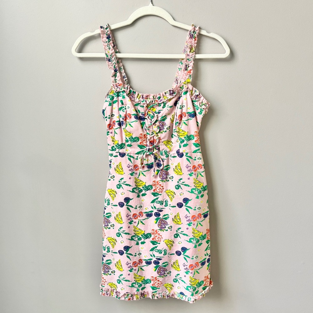 Urban Outfitters Dress Women's XS Pink Fruit 100% Cotton Smocking Ruffles Short